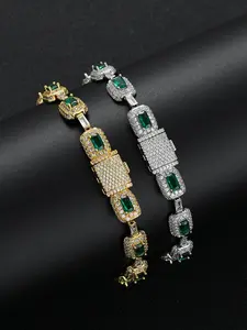 Rectangular Emerald Zircon Bracelet, Full Drill Crystal Design, Luxurious Gemstone Accents, Eye-Catching Personal Accessory, Zirconia Bracelet