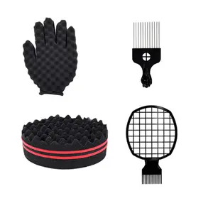 Magic Curl Sponge Set for Barber Hair Styling: Afro Twist Hair Brush, Metal Pick Comb, and Styling Combs (Black-A)