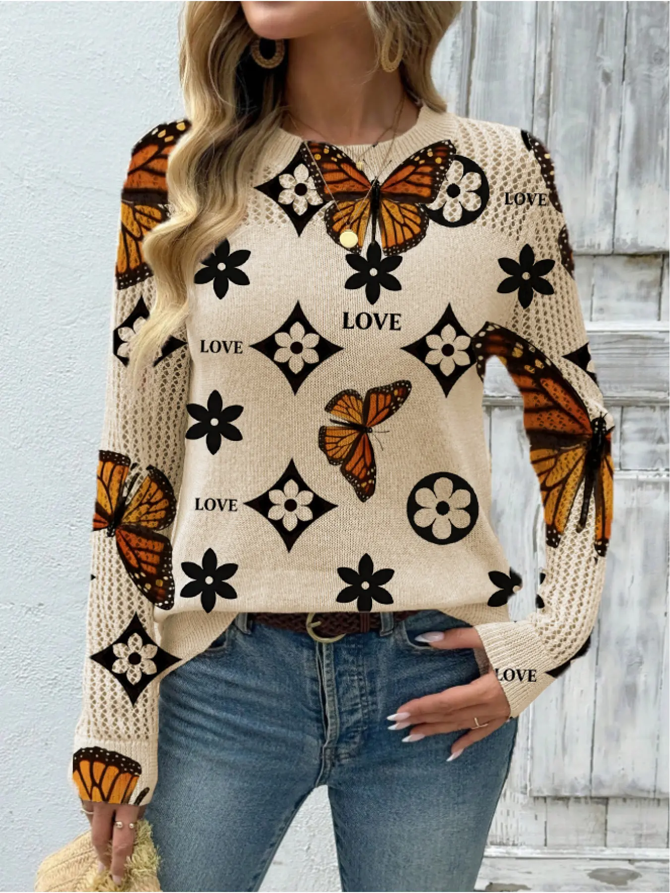 Women's Geometric Butterfly Print Round Neck Fitted Cropped Sweater, Casual Long Sleeve Knitwear for Fall Winter, Comfortable Warm Daily Wear