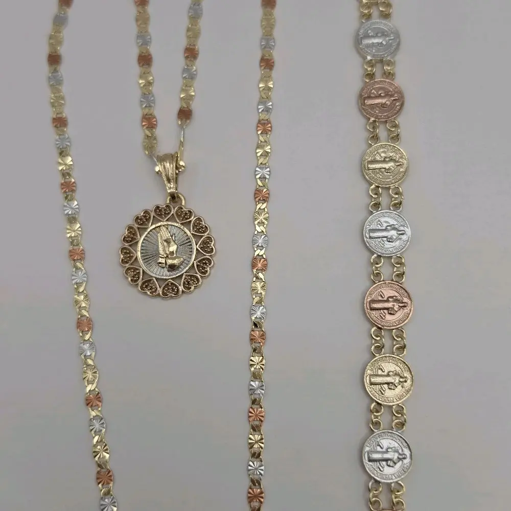 Religious style set necklace pray hand pendant with Saint Benedict coins bracelet 7 ½inches  three colors