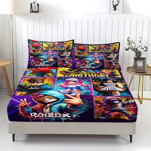3-Piece Roblox Pattern Bed Sheet with Comfortable Printed Pattern, Includes 1 Bed Sheet and 2 Pillowcases, Comfortable Bedding, Non Slip Dust Cover Suitable for Bedroom and Guest Room, Bedding Set
