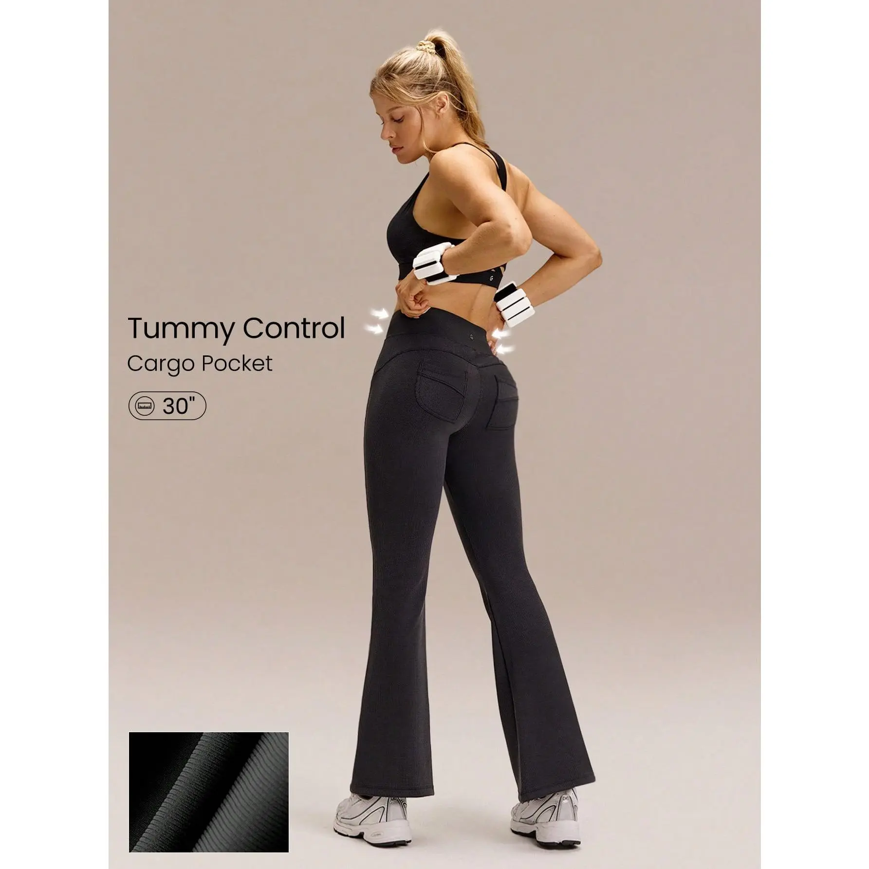 GLOWMODE Modal Ribbed Grooving & Glowing Seamless Waist Back Pockets Flare Leggings Medium Impact Studio Gym Workout Daily Casual Wear
