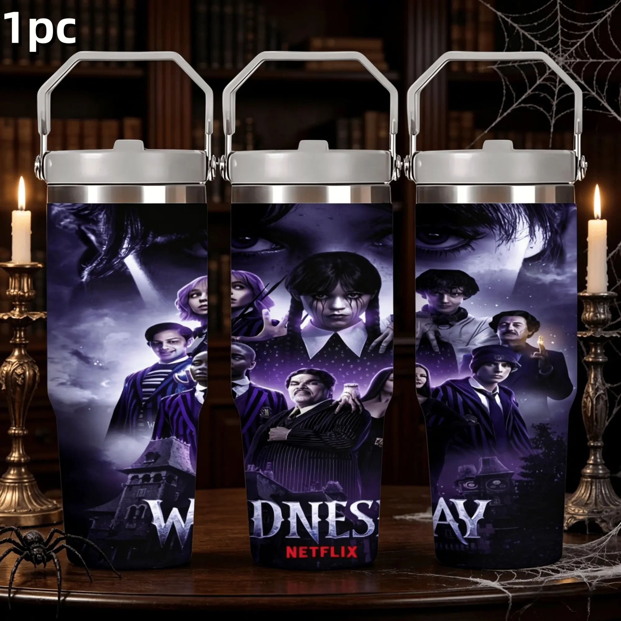 1pc 30oz Stainless Steel Insulated Cup with Handle, Large Capacity Thermos Mug, Wednesday Adams Family Theme, Netflix Fans Gift