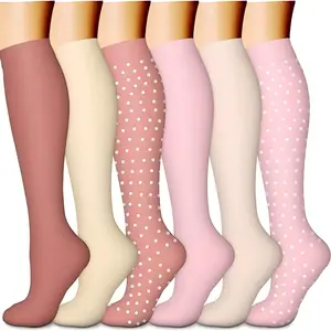 6 Pairs Calf Compression Socks for Women & Men – Cozy Patterned Socks, Stylish Dots & Calf-Length Fashion Socks, Moisture-Wicking Compression Sports Socks, Breathable, On-Point Socks for Running, Gym, Travel & Daily Wear Casual Fabric Pastel