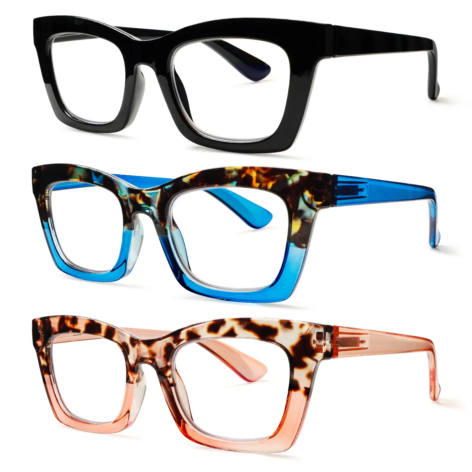 DEAAOK 3Pack Reading Glasses for Women-Blue LightBlocking Fashion Readers with Spring Hinge Compute Square Eyeglasses Mixed Colors