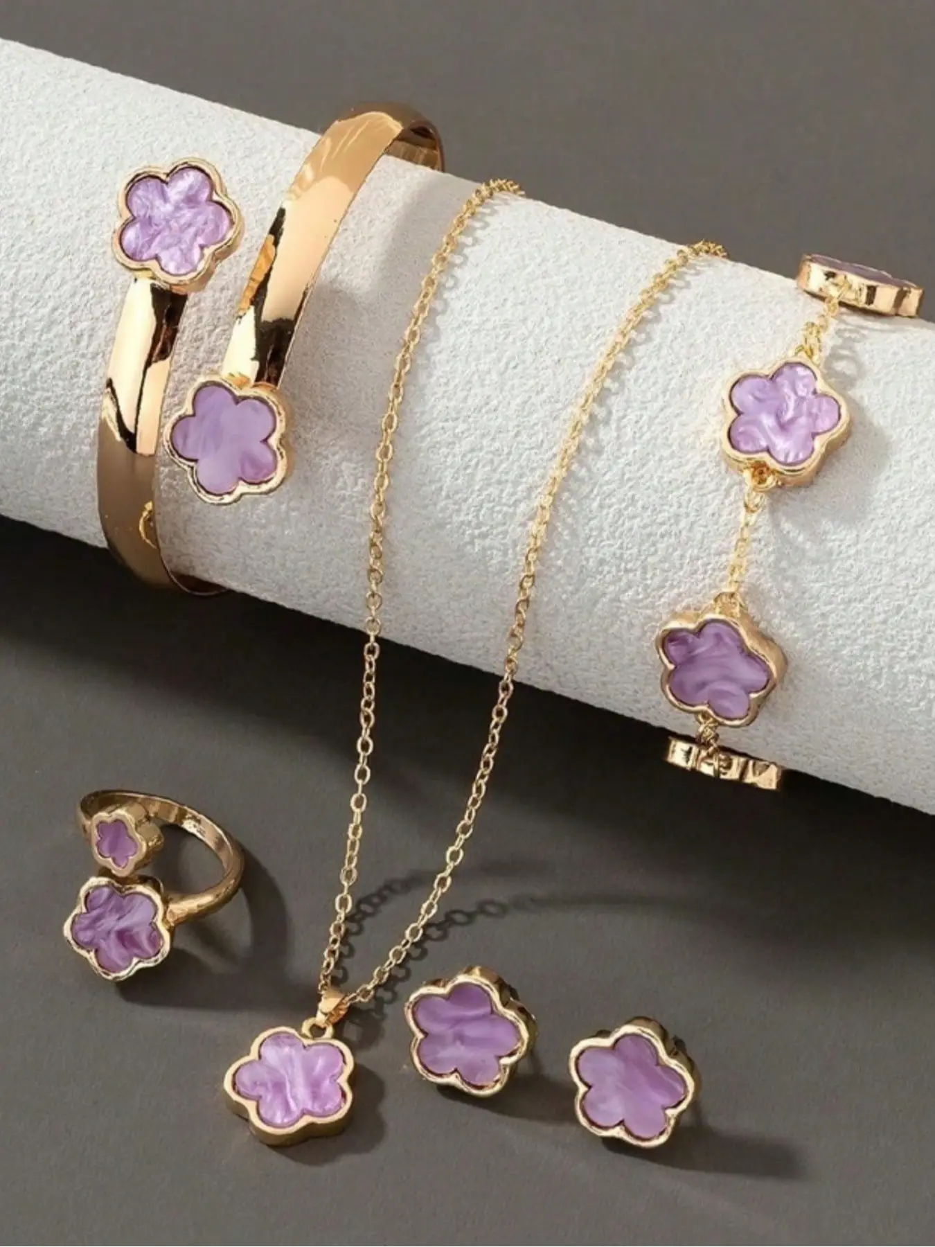 Luxury Emerald Matching Jewelry Set, 6pcs Clover Design Bracelet & Necklace & Earrings & Bangle & Ring Set, Elegant Accessories for Parties & Daily Use, Jewellery Gift Set