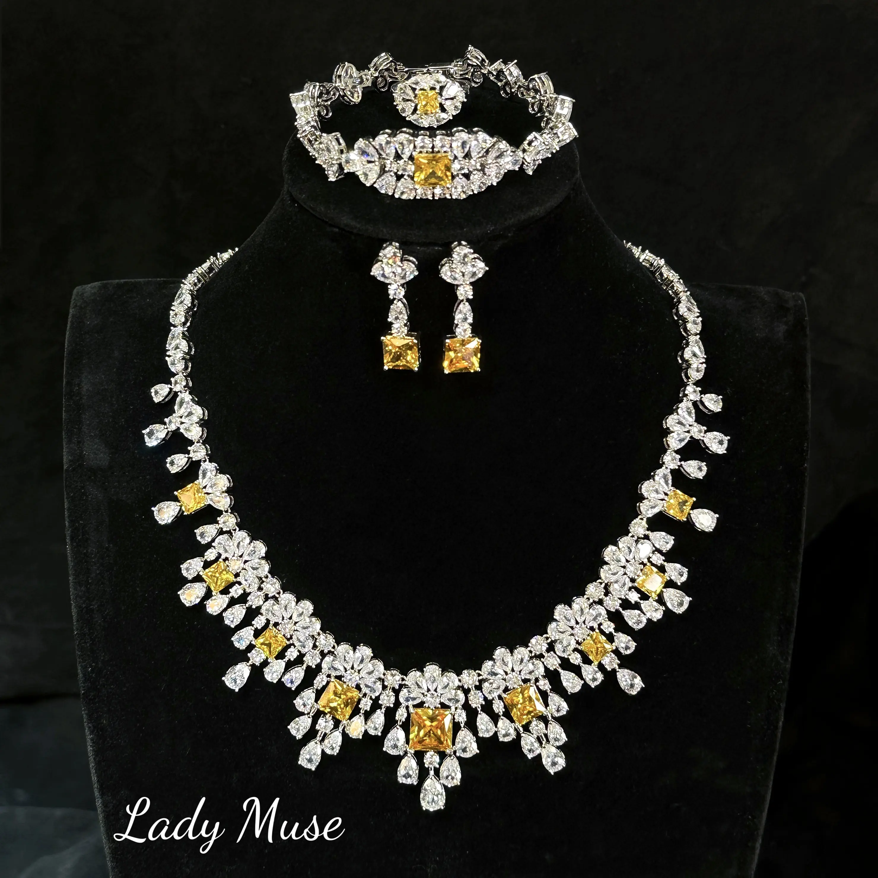 Yellow color 4 pieces set, lab-created diamond and 925 silver# necklace bracelet earrings ring/exquisite craft/easy to match, suitable for any occasion