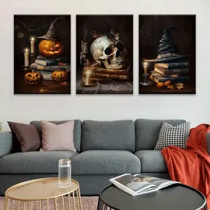 3-piece Set of Wooden Frame Paintings Halloween Pumpkin, Skull, Witch Hat, Horror Atmosphere Canvas Poster, Wall Art, Creepy Home Decoration Paintings