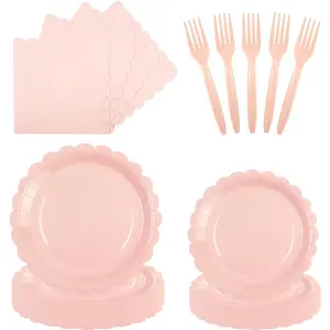 96-pcs Pink Disposable Cutlery Set with Ruffled Paper Plates Napkins and Forks Ideal for Birthdays Weddings Baby Showers and Party Decorations