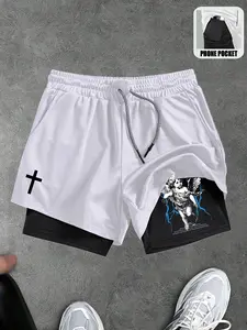 Men's Fashion Street Style Cross Print Knit Waist Shorts, 2 In 1 Tight Fit, Dual Layer Pocket Quick-Dry Gym Shorts for Gym, Running, Training, Jogging Shorts