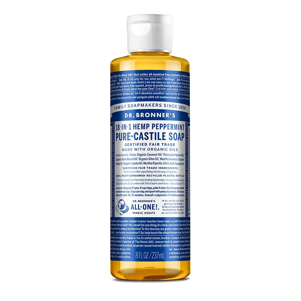 Pure-Castile Liquid Soap, Peppermint, 8 oz - 18-in-1 Uses for Hair, Laundry, Pets, and Dishes, Concentrated, Vegan, Non-GMO