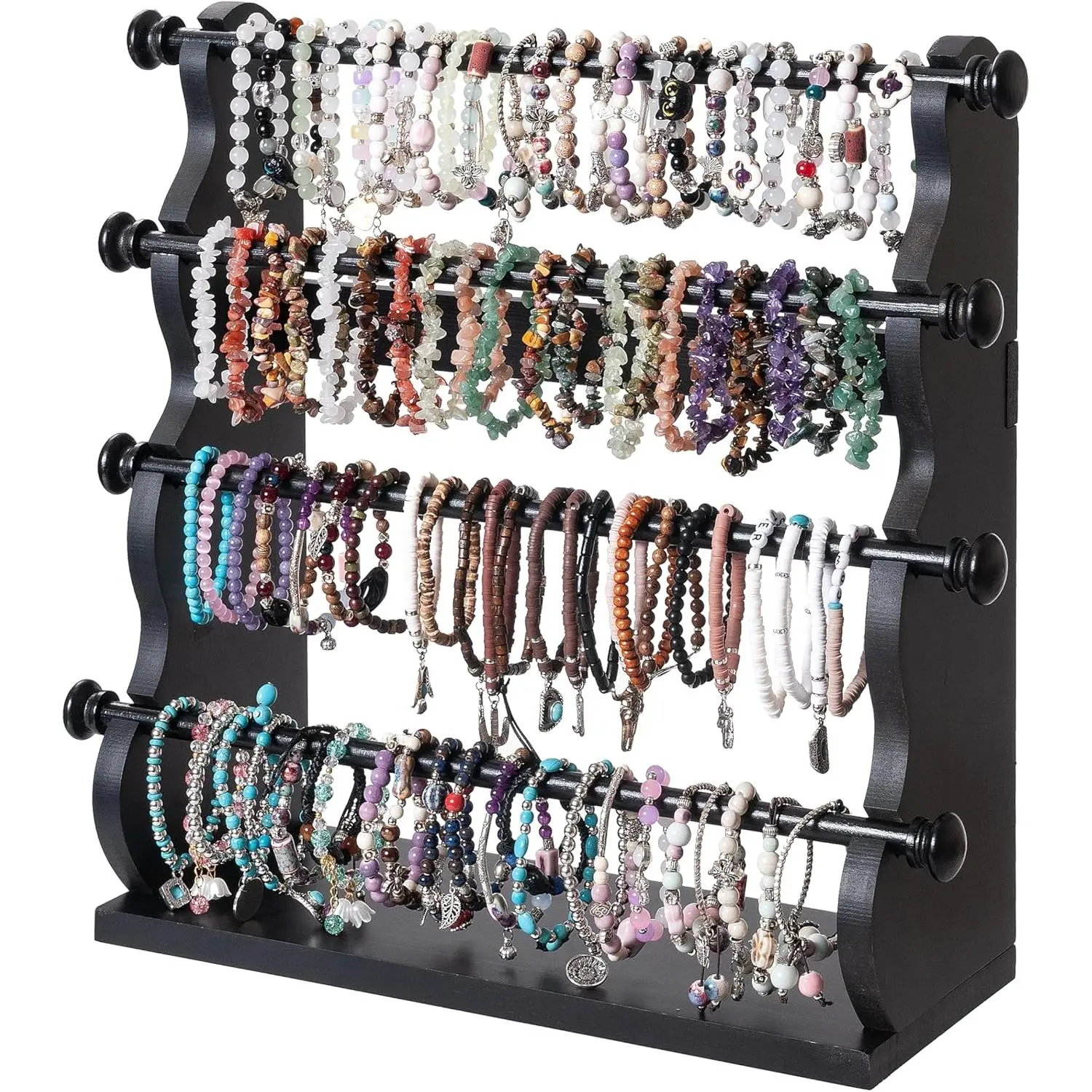 4 Tier Wooden Bracelet Holder, Bangle Watch Necklace Display Storage Antique Bracelet Display Stand  Holder Stand for Store, Showcase and  Storage Black 4 Tier Wooden Bracelet Holder