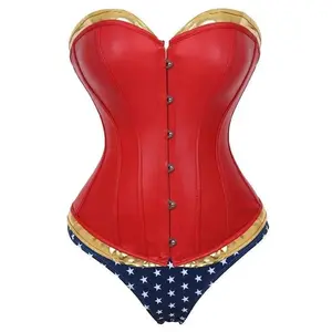 Sexy Corset Women Ovebust Bustier Halloween Superhero Plus Size Costume Red Faux Leather Steampunk Corselet(gift)Gift
