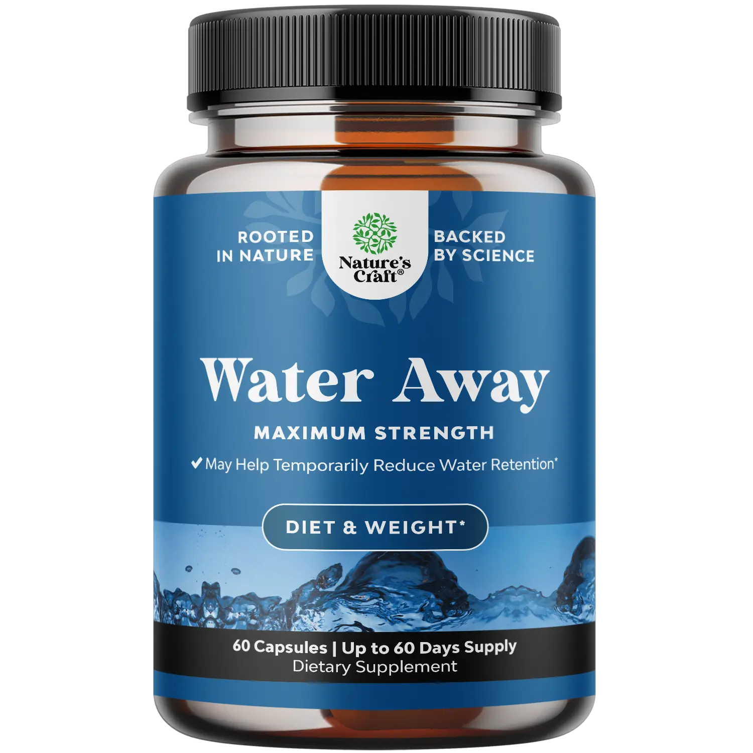 Nature's Craft Water Away Maximum Strength Herbal Diuretic Pills with Dandelion Leaf Extract & Green Tea for Bloating Relief & Fluid Balance Support 60 Capsules