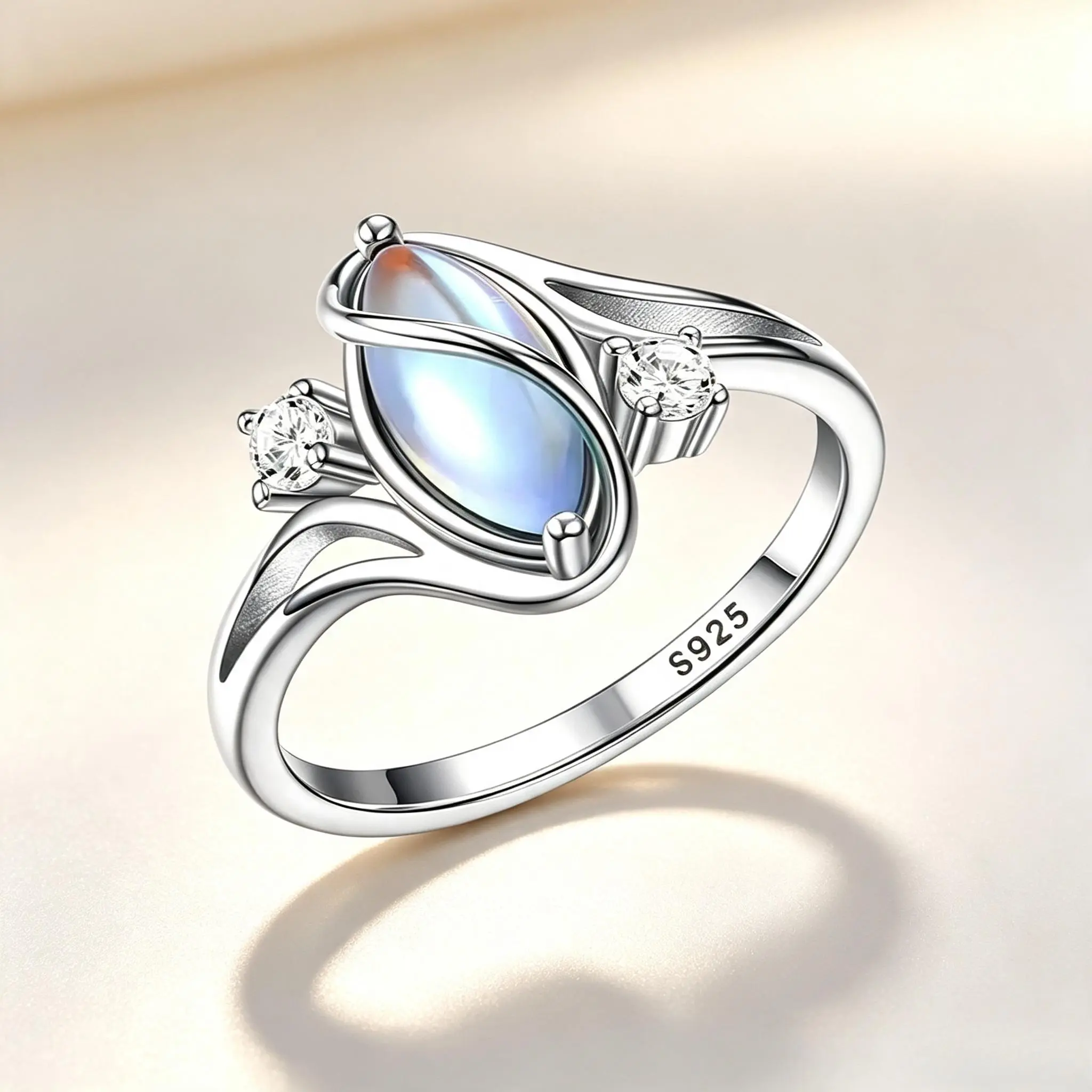 Exquisite S925 Sterling Silver Color Changing Mood Ring for Women, 18K White Gold Plated Vintage Oval Moonstone Solitaire Ring, Victorian Handmade Trendy Ladies Jewelry