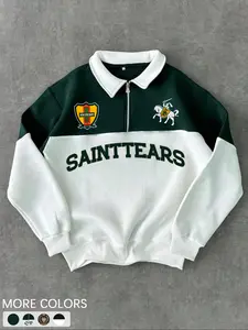 Men's Regular Fit Contrast Trim Zip Up Half Placket Sweatshirt, Casual Comfy Long Sleeve Collared Pullover for Spring & Fall, Fashion Men's Top for Daily Wear, Hoodie