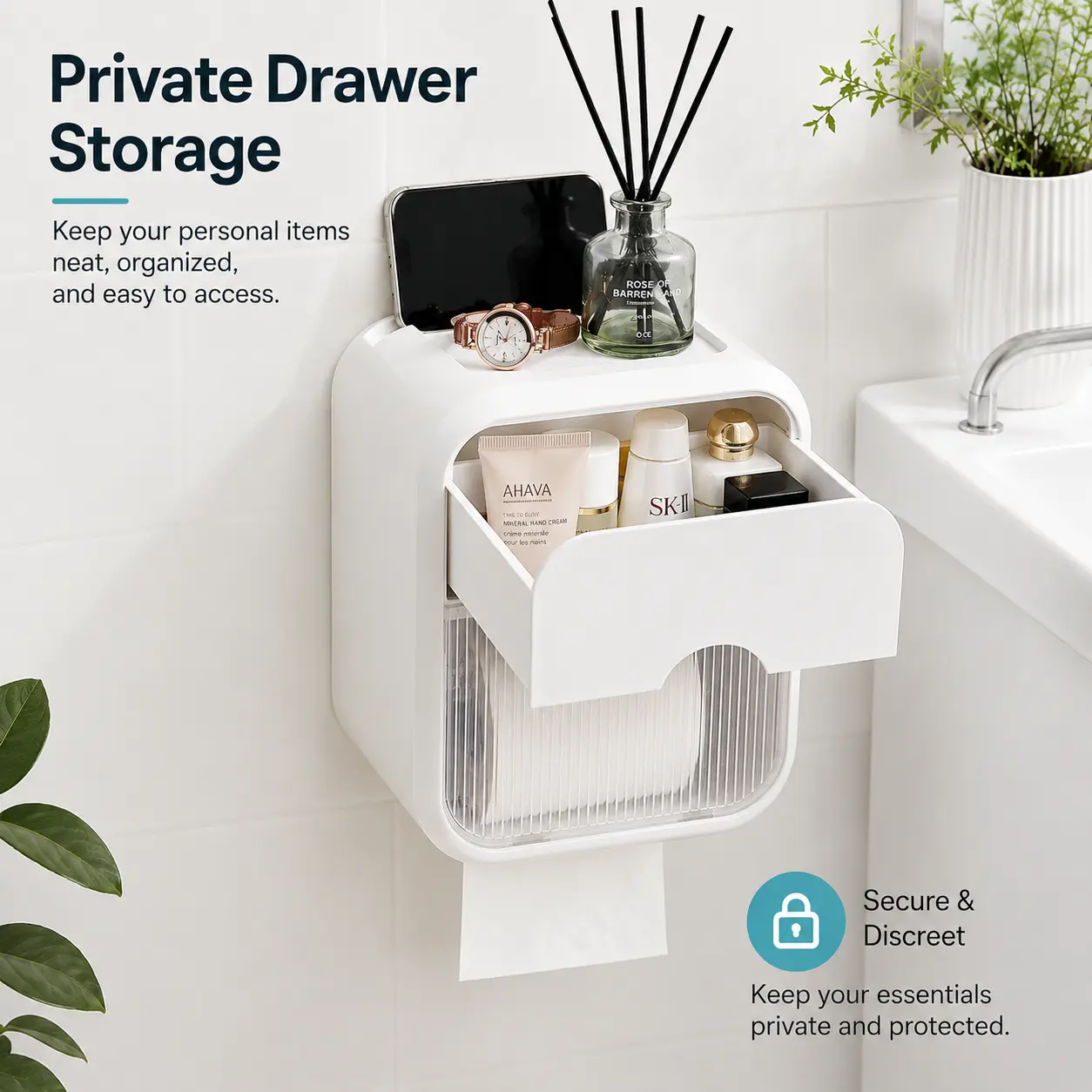 Wall-Mounted Waterproof Bathroom Organizer - Paper Towel Dispenser, Toilet Paper Holder, Hygienic Napkin Storage Rack with Punch Installation (Home & Bathroom Supplies), Bathroom Accessory, Built For Humid Bathrooms