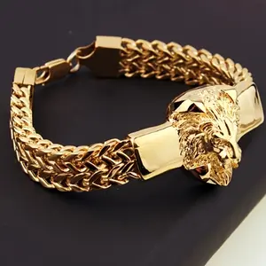 Men's Stainless Steel Braided Chain Bracelet, Gold Plated Exquisite Trendy Domineering Lion Head Animal Wristband, Hip-Hop Fashion Costume Jewelry Accessory, Gold Plated Bracelet, Exquisite Trendy Bracelet