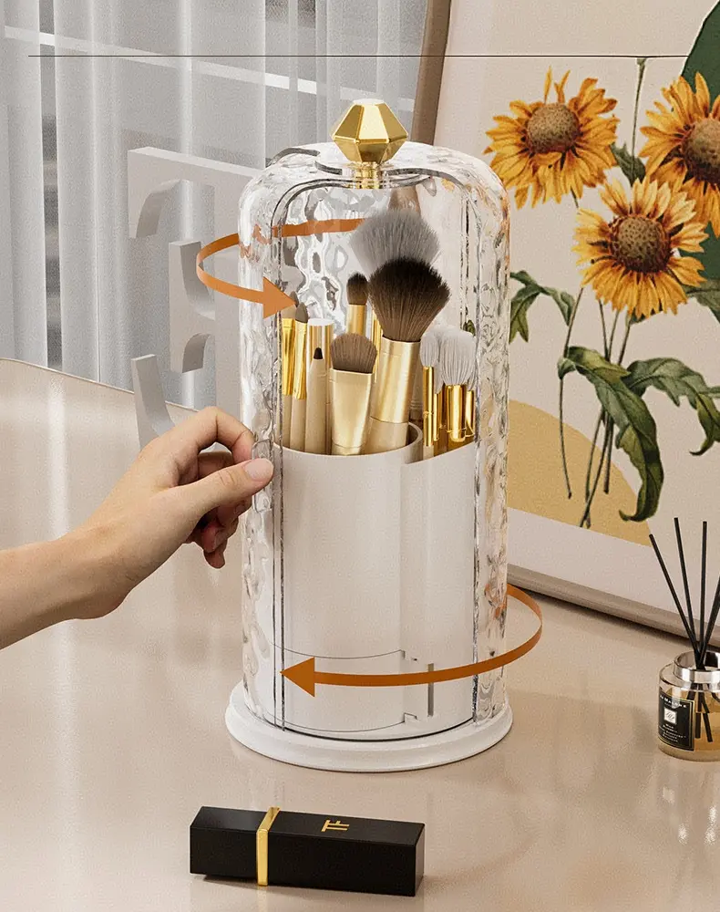 Rotating Makeup Brush Storage Cup, Dustproof Divided Cosmetic Organizer, Vanity Lipstick & Pen Storage Rack