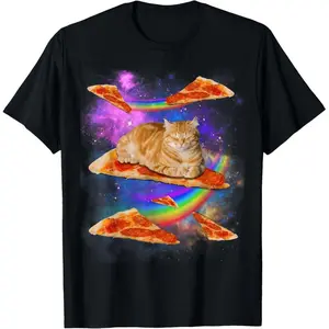 Funny Galaxy Cat In Space Cat Riding Pizza Men Women Casual Short sleeve Cotton T-Shirt Round Neck Shortsleeve