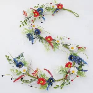 150cm/59 Inch Patriotic Wildflower Garland - Faux Red White Blue Daisy Cornflower Vine for Spring Wedding, Farmhouse Table Runner, Mantel, Staircase, 4th of July Decoration, Indoor Outdoor Rustic Bohemian Wreath