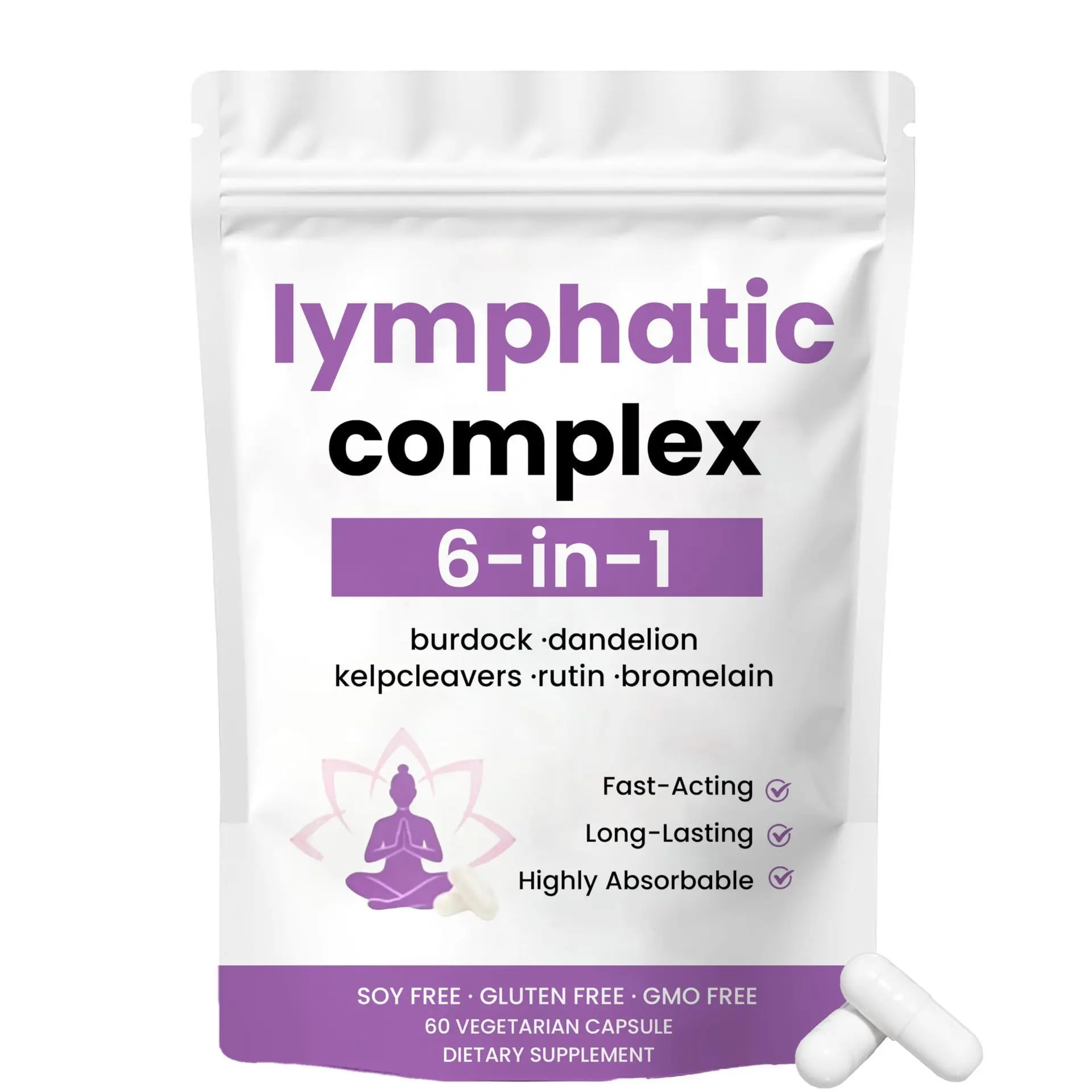 6-In-1 Lymphatic Complex Vinegar Capsules, Dietary Fiber Support Supplement, 60 Count