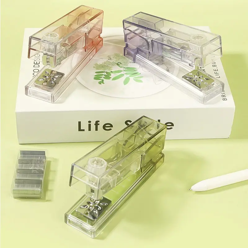 Transparent Acrylic Stapler Set with 360-Degree Rotation in Gradient Pink Green & Purple for Office Classroom Use