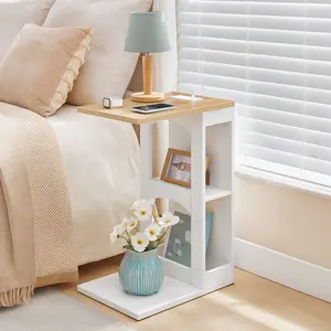 HOOBRO C-Shaped End Table with Charging Station & Storage, Slim Side Table for Small Spaces, Modern Couch Table for Living Room, Bedside Table, Nightstand, White and Natural#SpringSale #BigSpringSale