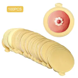 100Pcs Gold Mini Cake Boards, Round Disposable Cake Base Boards with Tab, Dessert Display Plates for Cupcakes, Pastries, Wedding Birthday Party Baking Supplies
