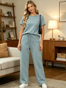 Minimalist Casual Sportswear Set, Multi-Color Options, Round-Neck Pocket T-Shirt + Drawstring Wide-Leg Pants, Suitable for Daily Commuting/At-Home Wear, Two-Piece Set