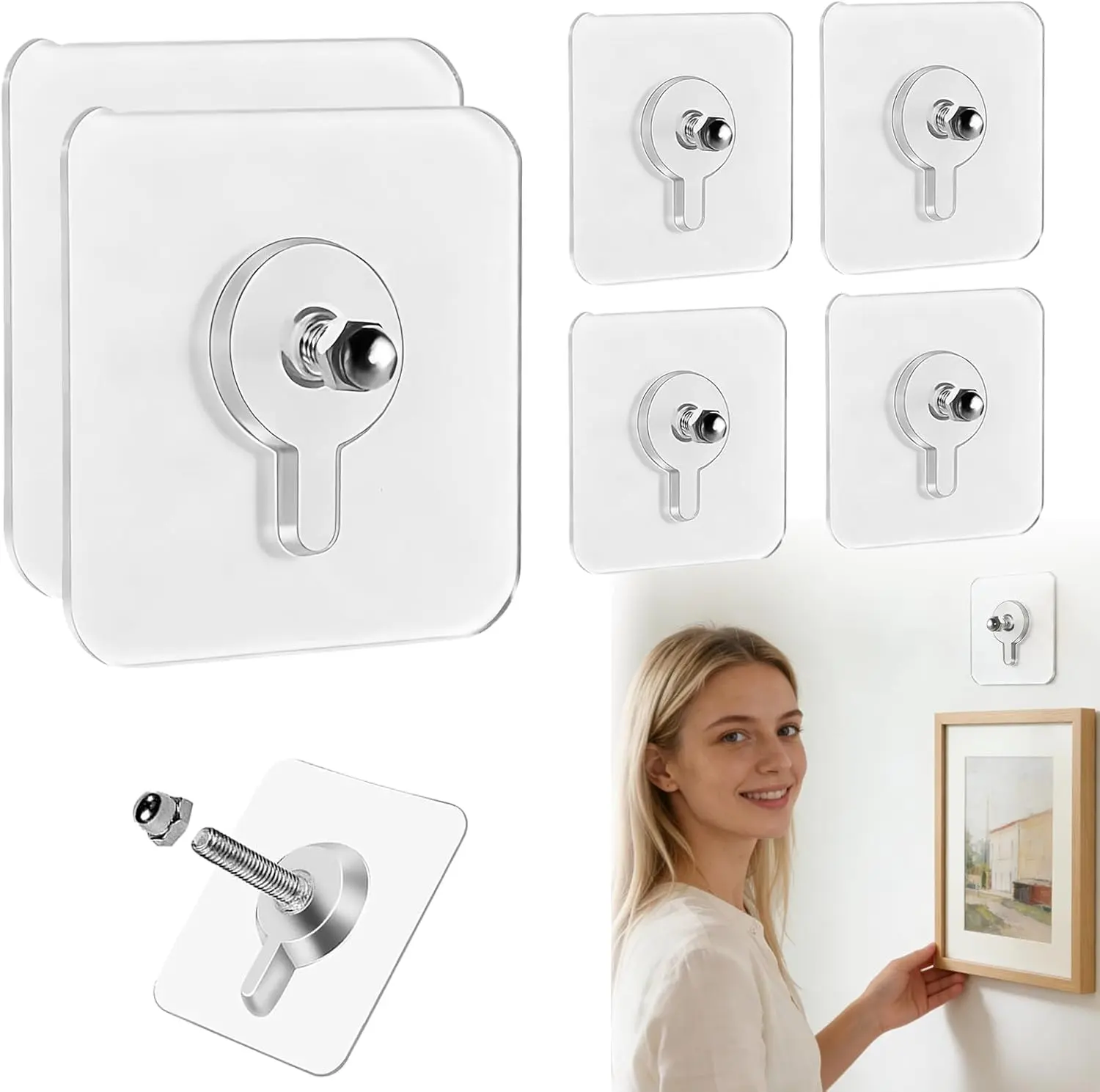 8/16 Pcs No-Drill Screw Stickers, 2026 Upgraded Reusable Drill Free Adhesive Hooks, Removable Nail Free Wall Hangers, Picture Hangers Without Nails for Wall Mount, Bathroom, Home, Kitchen.