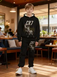 Boys' Fashion Cr7 Pattern 3D Printed Hoodie Set, Long Sleeve Sports Wear, Spring Fall Winter Outdoor Hoodies, Casual Style