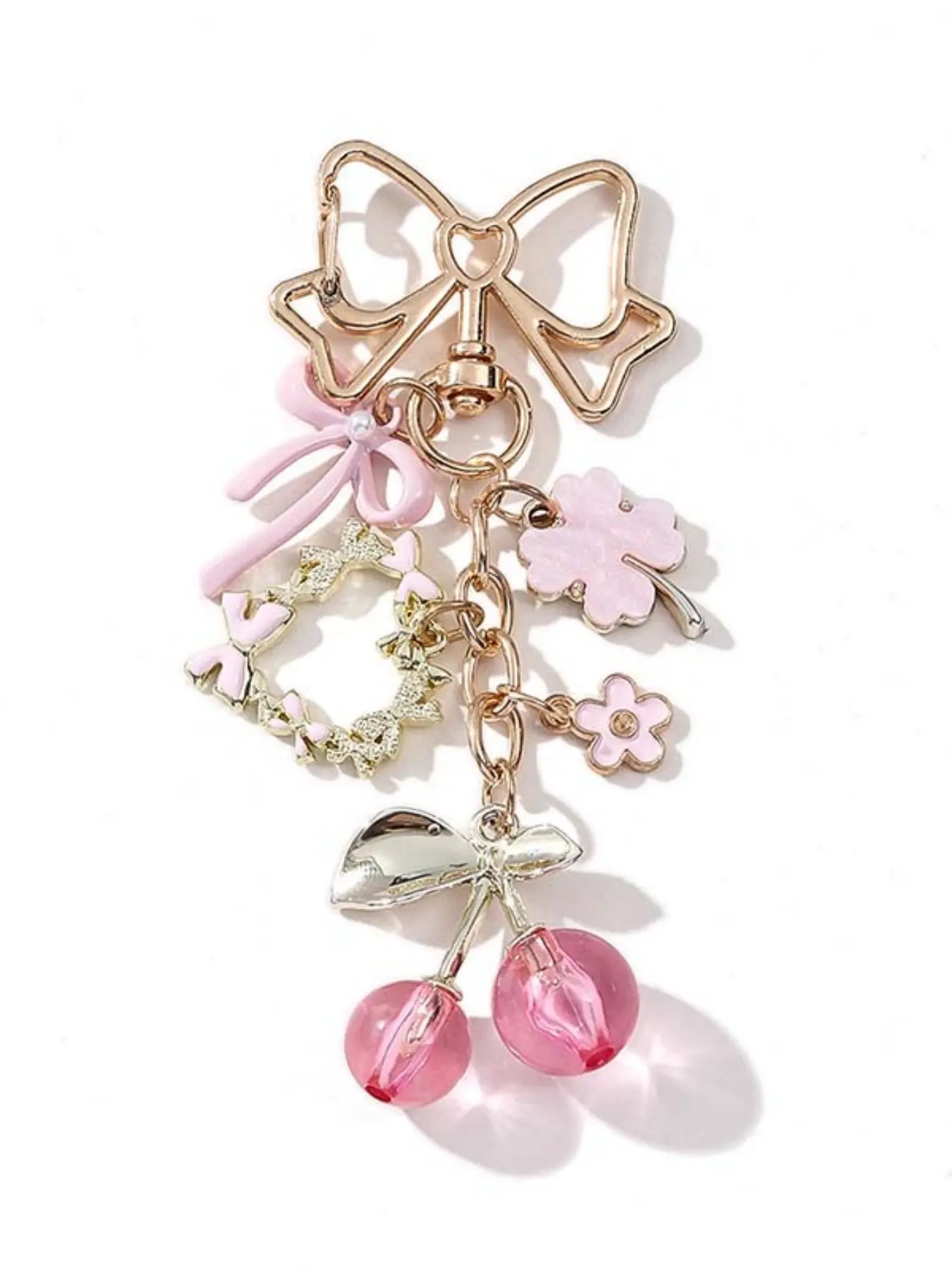Mother's Day Gift Elegant Cherry Bow Heart Clover Fashionable Alloy Keychain Charm, Cute Fashion Pendant Gift for Friends and Family, Memorial Present, Flower Keychain, Heart Keychains