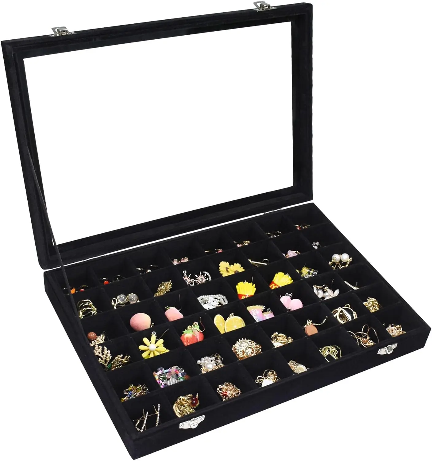 Tray 48 Compartments  Display Organizer with Transparent Cover Rings, Earrings, Necklaces, Pendants Storage Box for Girls, Wives, Mothers, Women