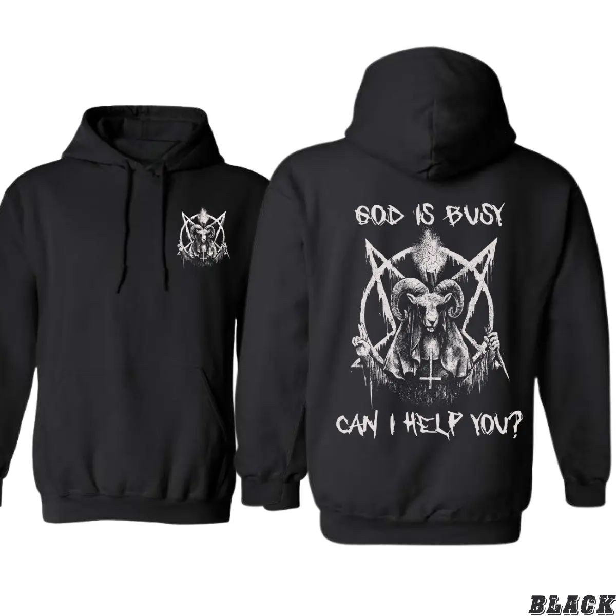 😈[Graphic Hoodie]Dark Satanic Hoodie – 'God Is Busy, Can I Help You?'Evil Goat Skull Graphic Hoodie, Bold Alternative Gothic & Heavy Metal Streetwear, Rock & Metal Fan Apparel, Edgy Unisex Hoodie, Skull Graphic Pullover