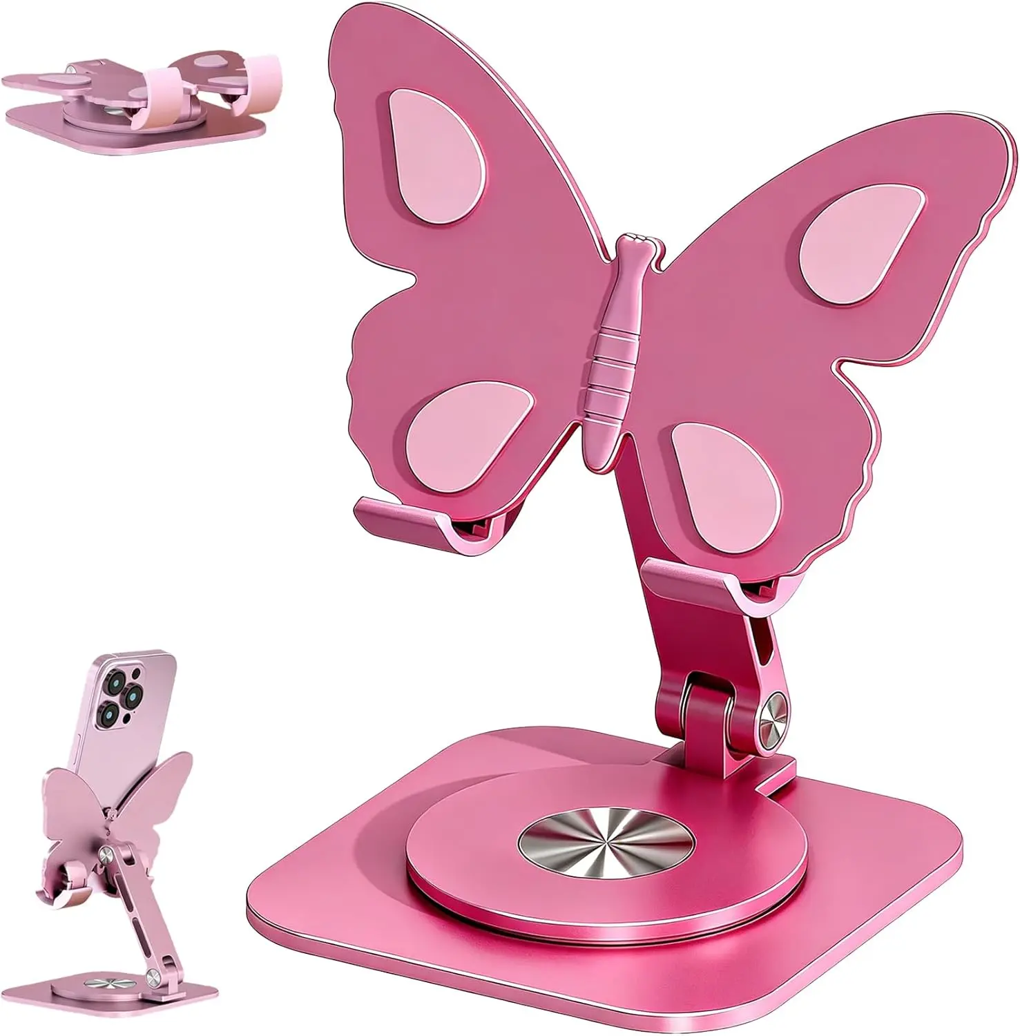 Pink Butterfly Aluminium Alloy Cellphone Mount - 360° Rotating, Height & Angle Adjustable, Anti-Scratch Folding Desktop Dock, Portable Slim Frame Accessories for Smartphones & Tablets (Study Desk Use)