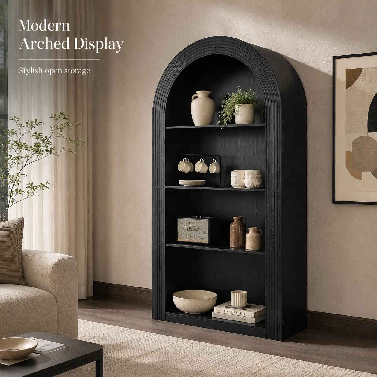 78.7-Inch Tall Arched Bookcase, 4-Tier Mid-Century Modern Open Display Shelf, Freestanding Storage Bookshelf for Living Room, Dining Room, Bedroom or Home Office