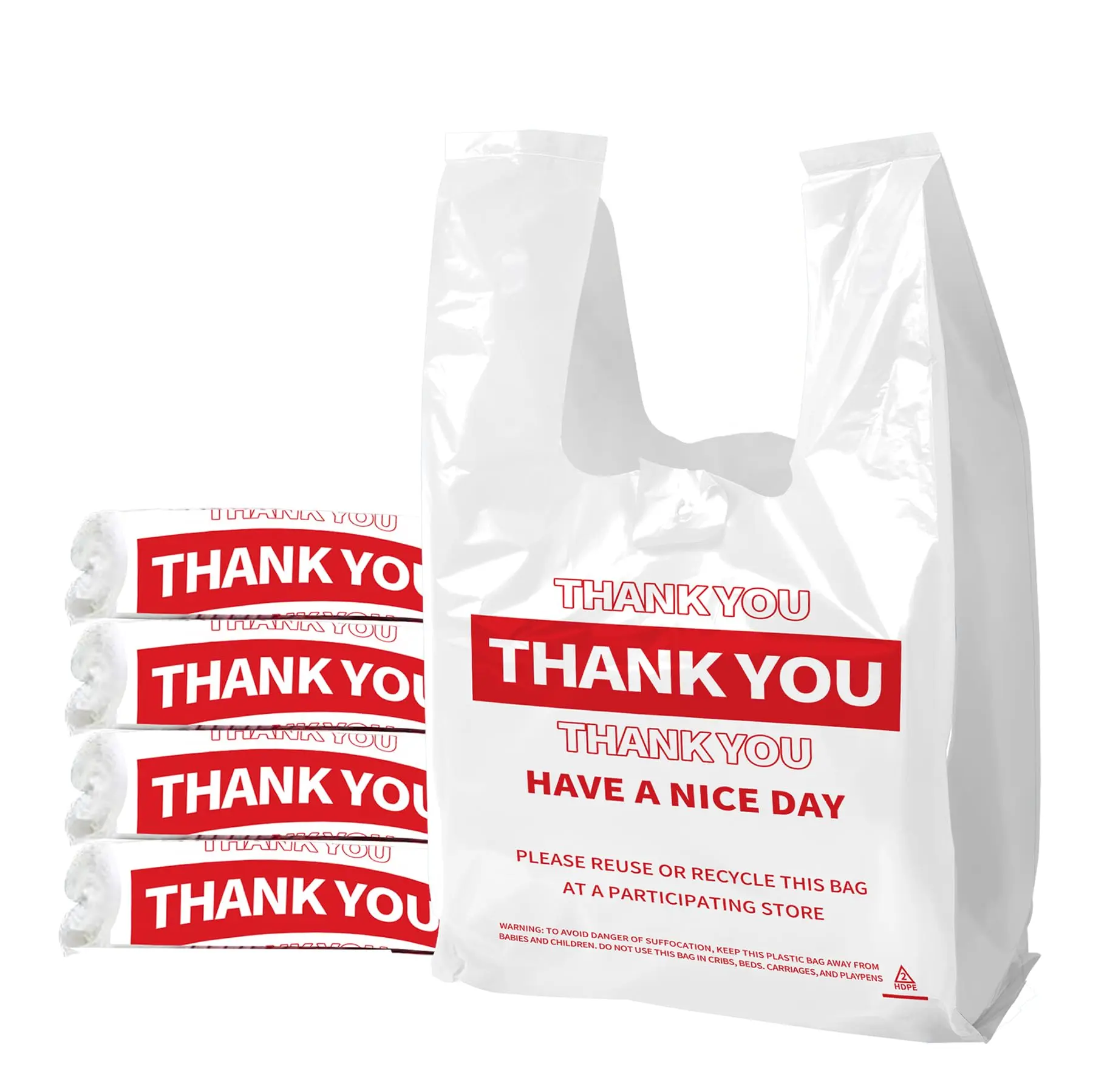 100 Pack White Thank You Plastic Bags with Handles Heavy Duty HDPE T Shirt Shopping Bags 11.5 x 6.5 x 21 Inch for Grocery Retail Small Business Merchandise and Takeout
