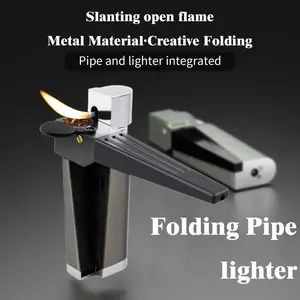 Retro Lighter ,Portable 2in 1 Set Metal Lighter Combo with TubeFoldable Lighter Open Soft Flame MultipurposeMen's Smoking Gadget for Camping BBO Kitchen(Butane gas Not Included )