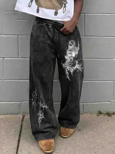 Men's Witch Ritual Washed Vintage Drawstring Pants, Fitted Casual Style, Random Print, All Seasons Wear, Comfortable and Stylish