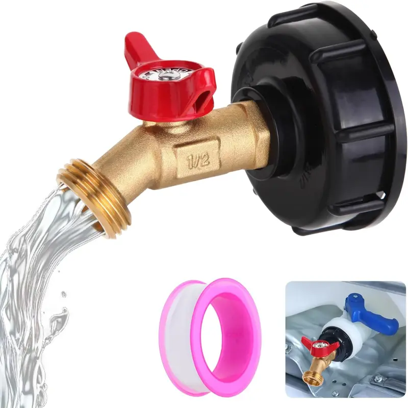 275-330 Gallon IBC Tote Water Tank Adapter, 2" Coarse Thread， IBC Tote Adapter with 1/2 NPT Thread Garden Hose Valve(Lead-Free),