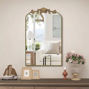 Gold Arched Mirror, 19 “x31” with Wood Frame Antique Bathroom Mirror, Vintage Ornate Baroque Decorative Mirror for Entryway, Fireplace, Living Room.