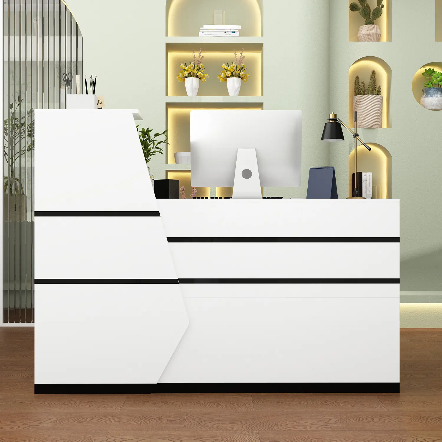 FUFU&GAGA L-Shaped Commercial Reception Desk - Modern Office Lobby Computer Desk, Retail Checkout Counter Table, White (55.1”W x 39.4”D x 43.3”H), Computer Desks