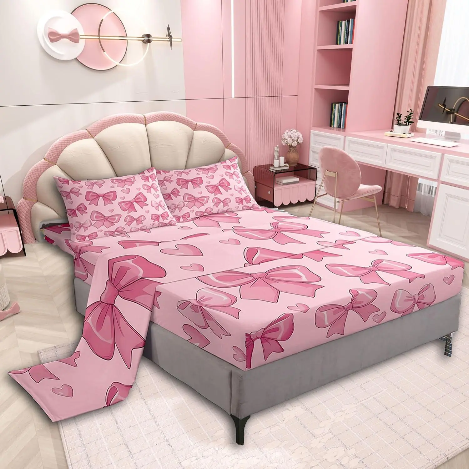 Pink Bow Bed Sheets Set Bowknot Bed Set Bow-tie Deep Pocket Fitted Sheet Colourful Bowknot Breathable Soft Lightweight Microfiber