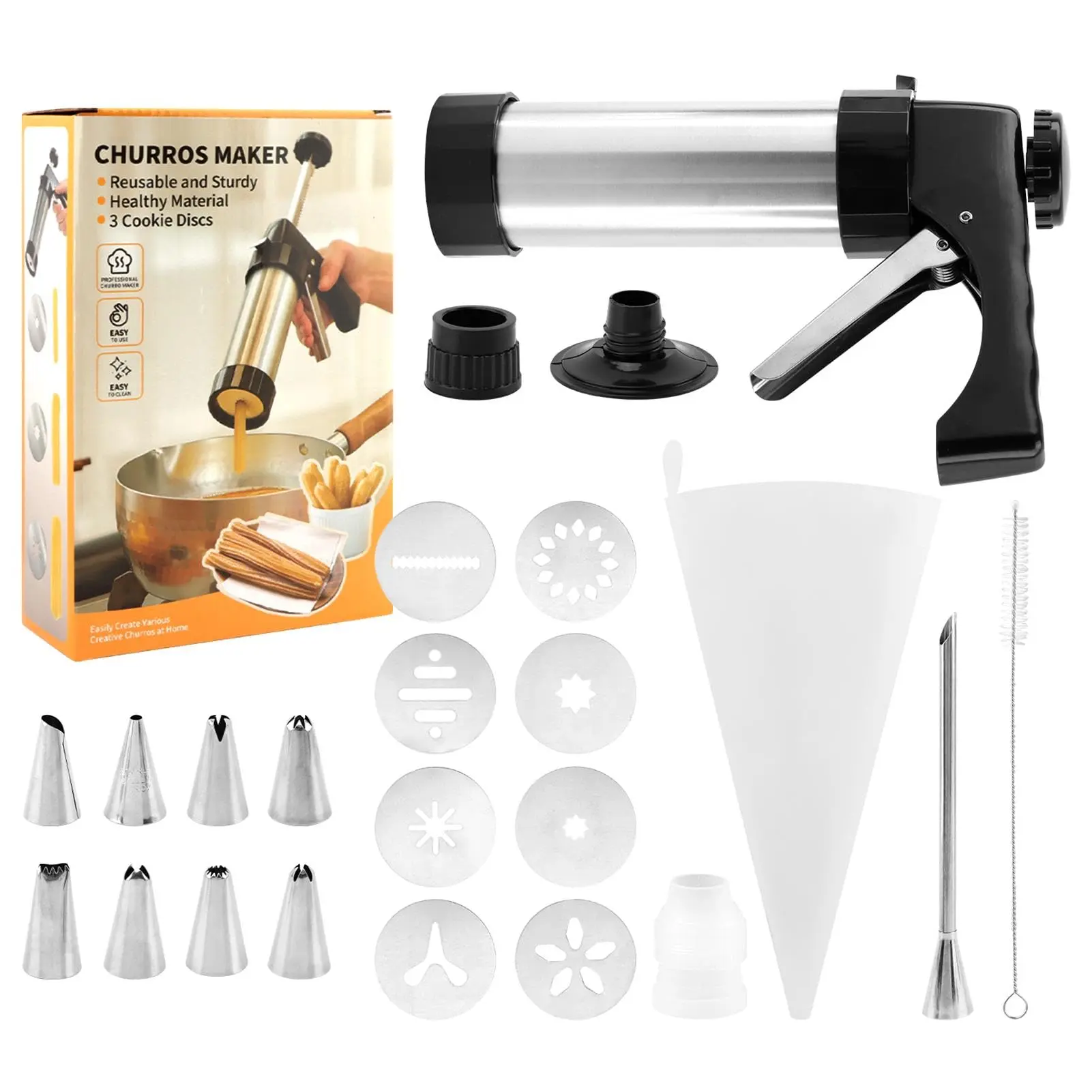 Stainless Steel Churro Maker Machine With 8 Discs Nozzles And Piping Tips Cleaning Brush & Filling Bag Maquina Para Hacer Cookie Press