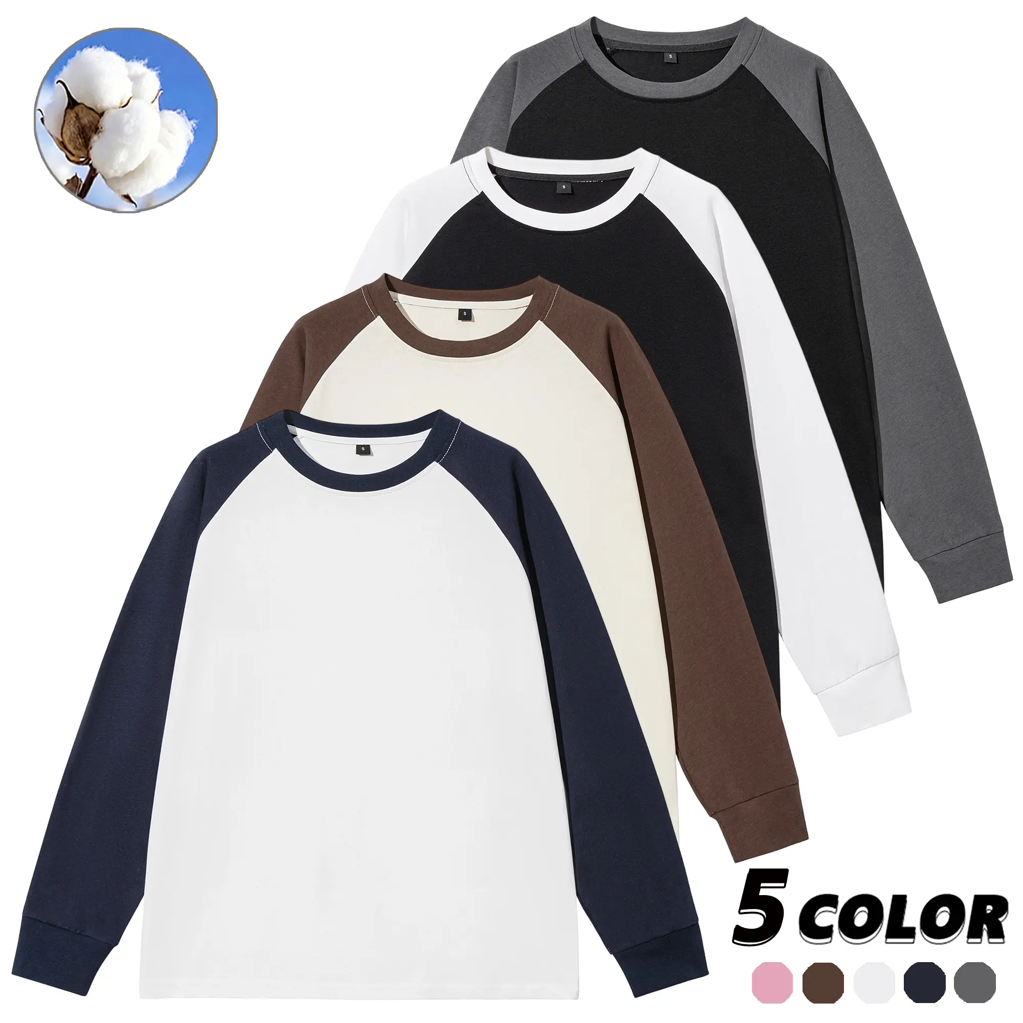 EKF Men’s Pure Cotton Raglan Color-Blocked Crew Neck Long Sleeve T-shirt | Classic paneled design with a strong vibe, a basic piece that suits everyday casual streetwear looks
