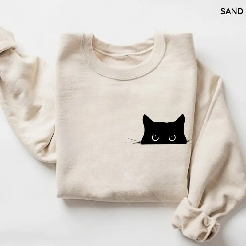 Cute Black Cat Sweatshirt/ T-shirt, Peeking Cat Graphic Crewneck, Funny Cat Lover Shirt, Cozy Aesthetic Pullover, Gift for Cat Moms