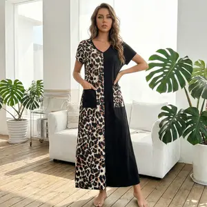 Valentine’s Day Limited Women's Leopard Patchwork Nightgown Loose Fit Short Sleeve V-Neck Maxi Sleep Dress with Pockets Soft Breathable Fabric Casual Loungewear