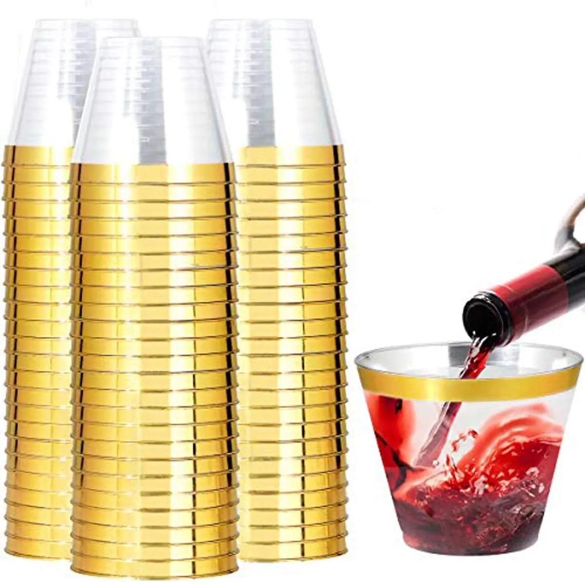 I00000 100 Pack Gold Plastic Cups, 9 Oz Elegant Clear Plastic Cups Gold Rimmed Disposable Wine Glasses Fancy Disposable Party Cup Wedding Cup Drinking Tumblers Cocktail Glasses Perfect for Party