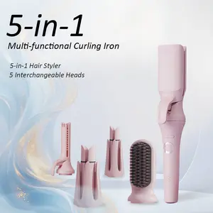 Automatic Curling Iron Pink Hair Tool 5 in 1 with 28mm & 32mm Curling Wands Straightening Comb Crimping Iron & Beach Wave Water Waver for Styling